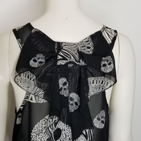 Live 4 Truth White Skull Print Black Sheer Sleeveless Back Bow Ruffle Top Size L - Picture 8 of 16